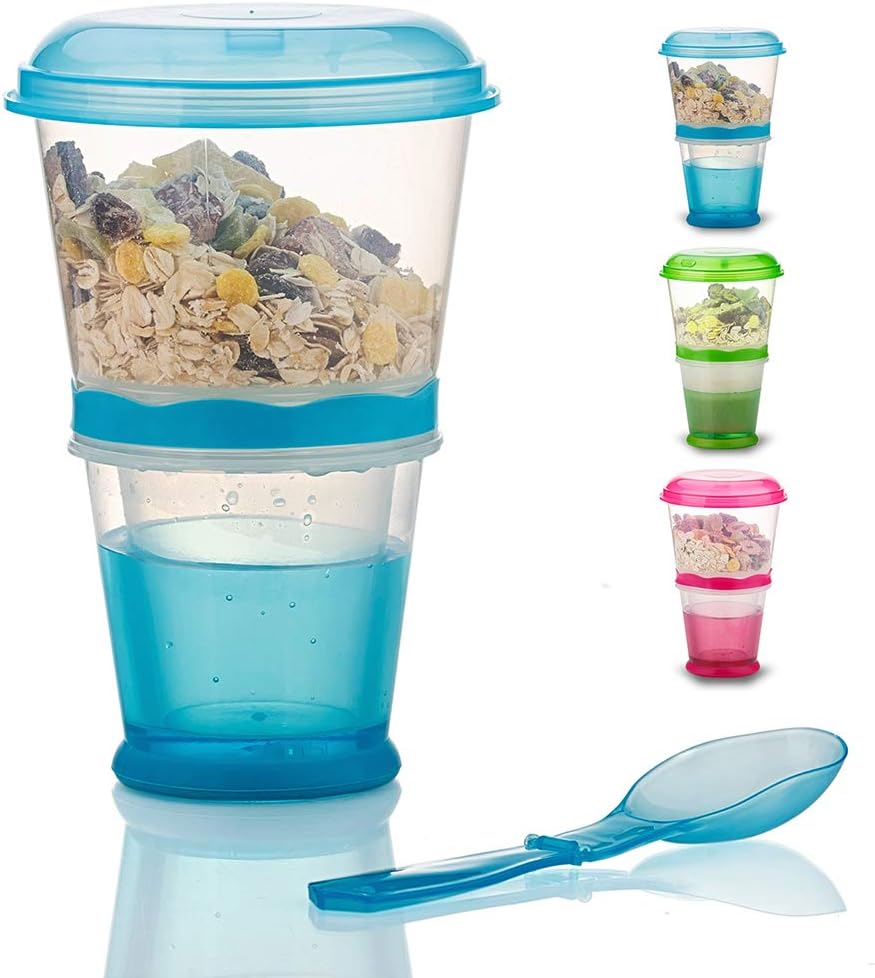 Cereal On the Go Cups Travel-To-Go-Food-Containers Storage with Spoon Breakfast Drink-Cups-Portable (Blue)