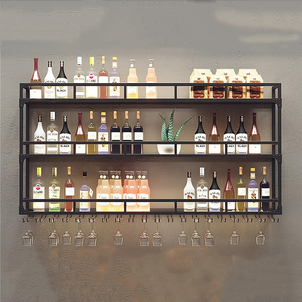 Wine Rack Wall Mounted with Stemware Rack,Metal Wine Glass Holder,Bar Shelves Metal Floating Shelves Upside Hanging Goblet for Liquor Bottles,for Pantry Kitchen Wine Cellar,Black (Size : 80X25X90cm(3