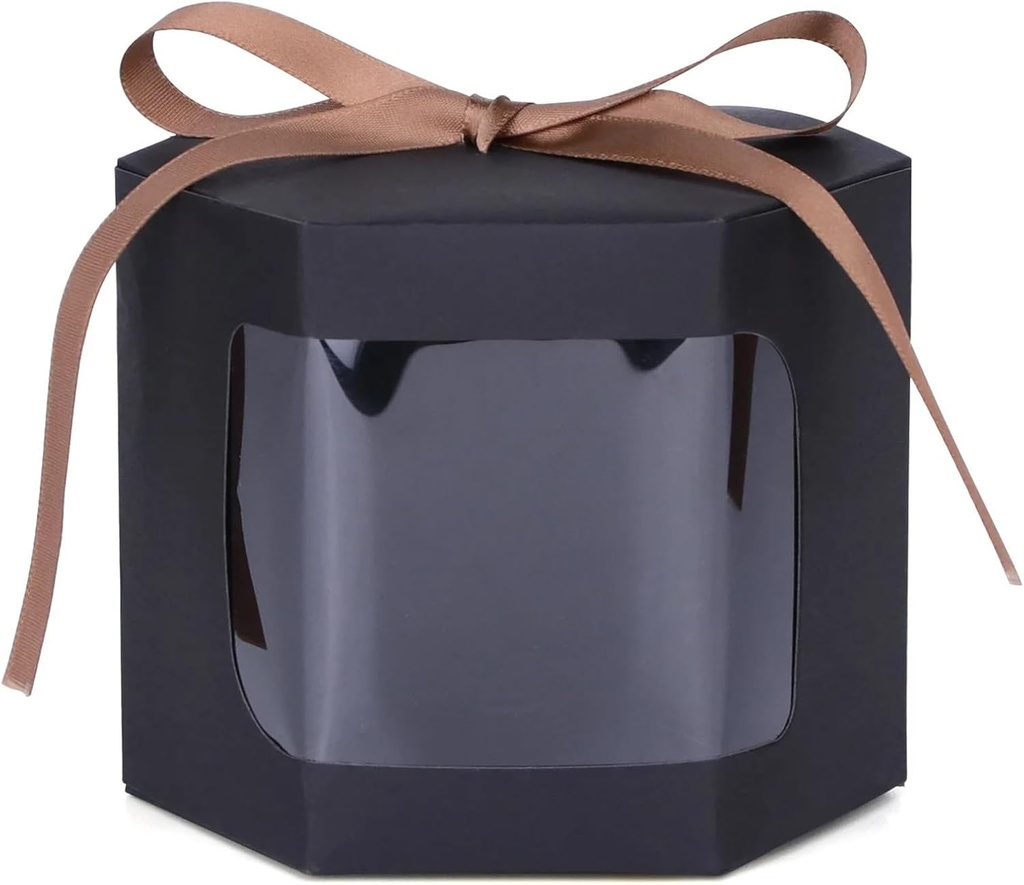 Cake Box 10pcs Cake Box Packaging Paper Bags Hexagon Candy Boxes With Clear PVC Window Presents Sweets Packge(Black,7x7x7cm)