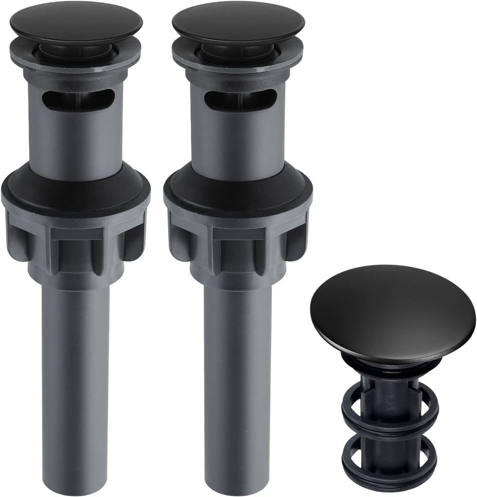 iFealClear 2 Pack Bathroom Sink Drain with Overflow, Push and Seal Pop Up Drain Stopper for Faucet Vessel, Anti-Explosion and Anti-Clogging pop up Plunger Sink Drain Assembly, Matte Black