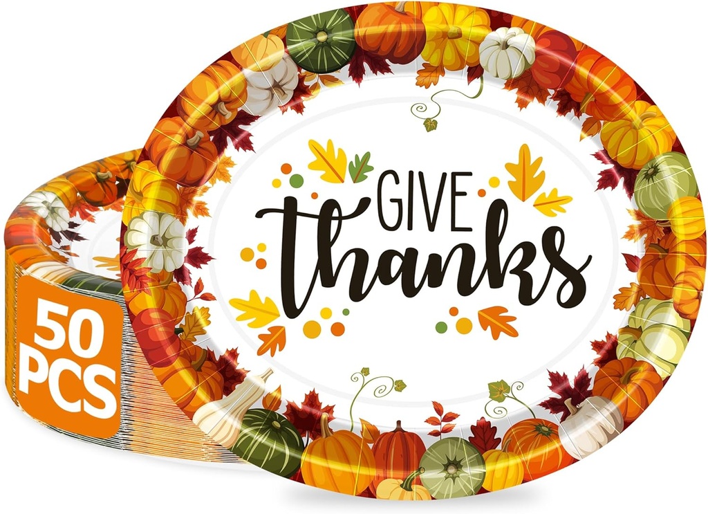QZYL 50 Pcs Thanksgiving Plates, 12.2 x 10.2 Inches Disposable Heavy Duty Paper Plates, Oval Thanksgiving Disposable Plates Autumn Dinnerware Set, Fall Harvest Banquet Decor Holiday Party Supplies