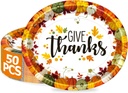 QZYL 50 Pcs Thanksgiving Plates, 12.2 x 10.2 Inches Disposable Heavy Duty Paper Plates, Oval Thanksgiving Disposable Plates Autumn Dinnerware Set, Fall Harvest Banquet Decor Holiday Party Supplies