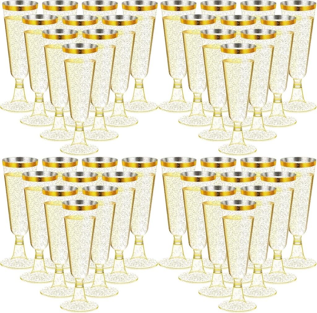 CHENGU 150 Pcs Plastic Champagne Flutes Bulk 5 Oz Toasting Flutes Wine Glasses Disposable Champagne Glasses Reusable Cocktail Cups for Wedding Celebration Party Toasting Drinking (Glitter Gold Rim)