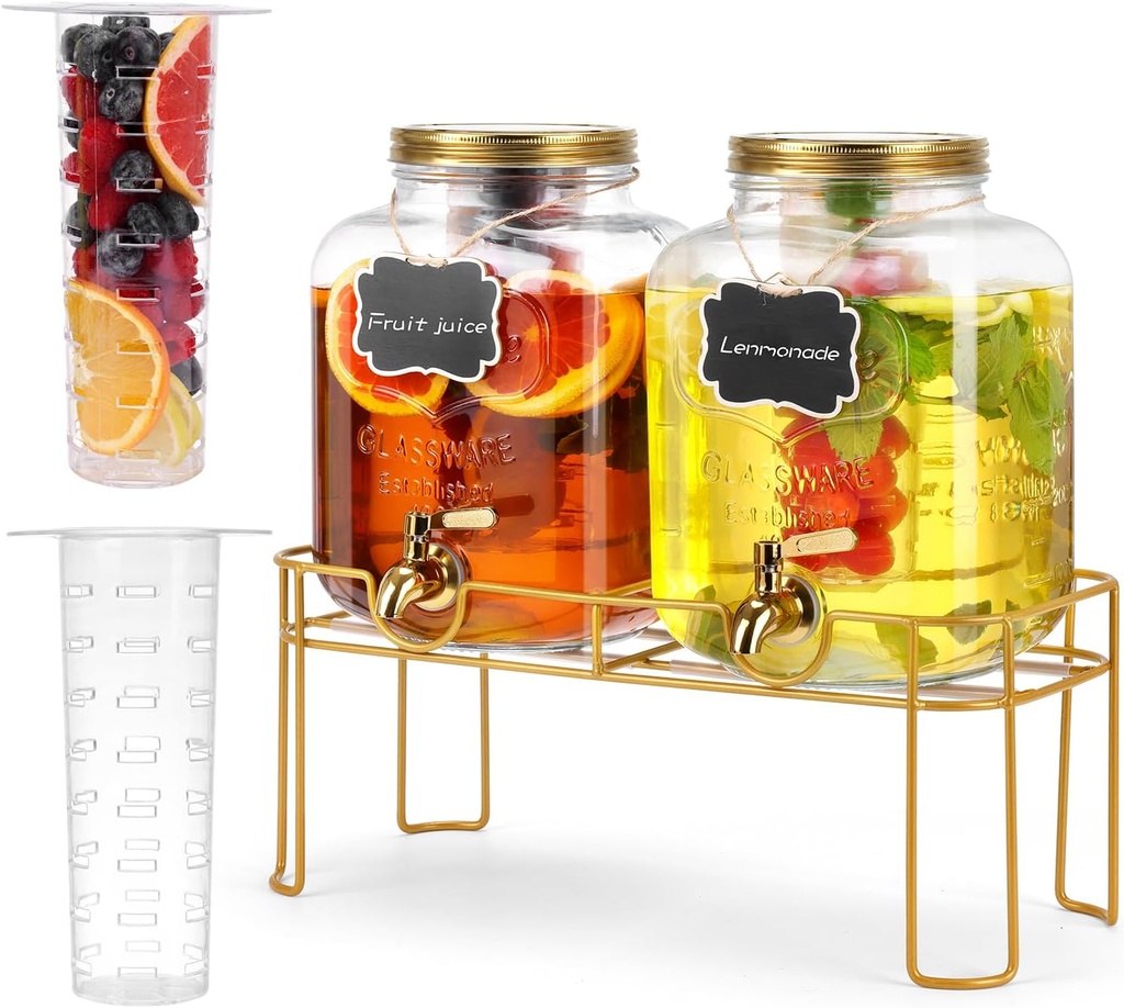 1.6 gallon Glass Beverage Dispenser with Stand, 2PACK Lemonade Dispenser with Spigot Stainless Steel, Drink Dispensers for Parties,Picnic,Weddings(Golden)