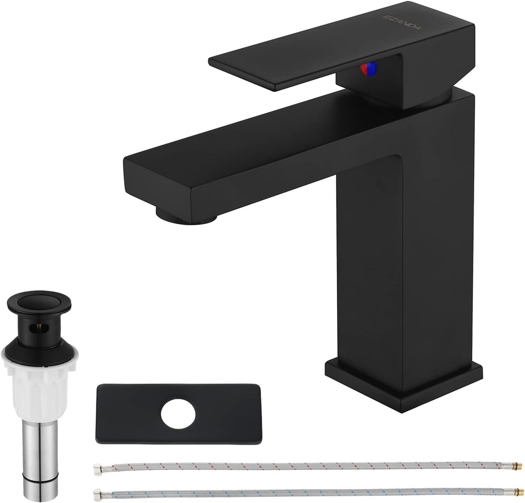 Brass Single-Handle Bathroom Sink Faucet with Escutcheon, Pop Up Drain Stopper & Water Supply Hoses, Matte Black, 14253