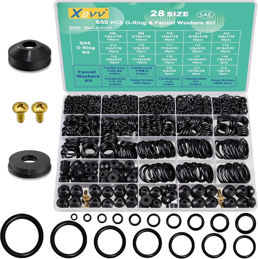 28 Size 650 Pcs Faucet Rubber Washers Kit and SAE O Ring Assortment Set for Assorted Plumbing Faucet Sealing Repair