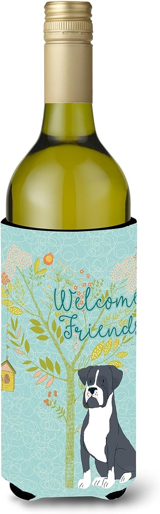 Caroline's Treasures BB7581LITERK Welcome Friends Black Boxer Wine Bottle Hugger Bottle Cooler Sleeve Hugger Machine Washable Collapsible Insulator Beverage Insulated Holder