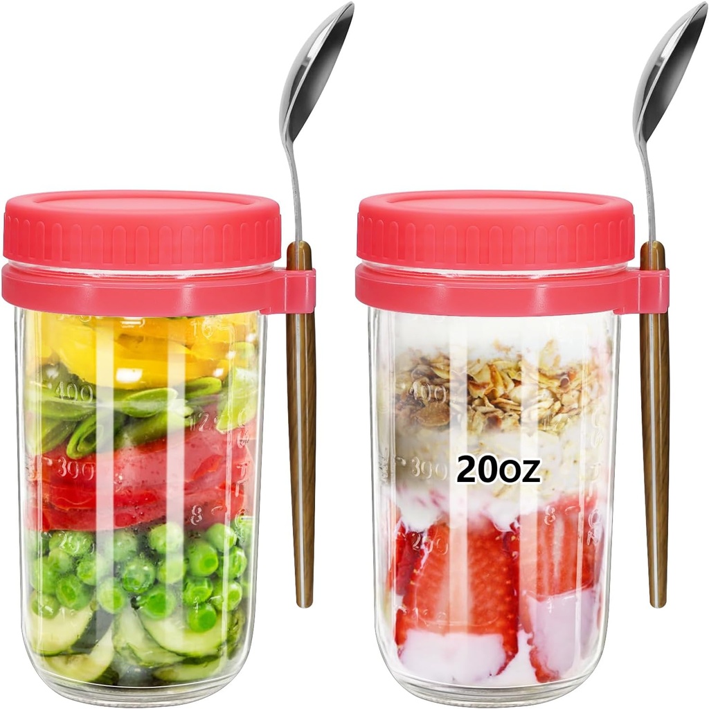 20oz - 2 Pack Overnight Oats Jars with Lids and Spoon, Overnight Oats Container with Lids, Measurement Marks, Wide Mouth Mason Jars for Salad, Cereal (2pcs red)