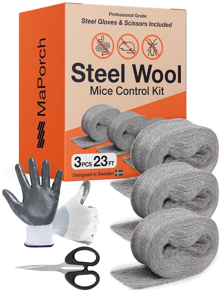MaPorch Steel Wool Mouse Hole Filler - 3 Pack, 2.5" x 7.5 ft - Metal Mesh Gap Filler for Walls & Pipes - DIY Kit with Gloves & Scissors - Mouse Prevention Rat Wire Mesh