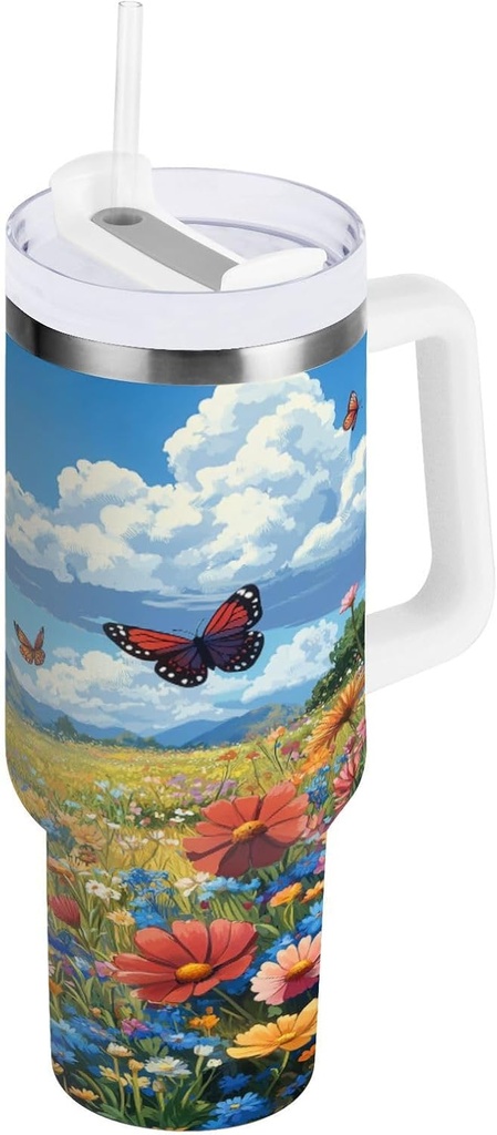 30 oz Colorful Wildflowers Meadow Tumbler with Handle, Insulated Sports Water Bottle with Lid and Straw, Thermal Stainless Steel Travel Coffee Mug Cup#26