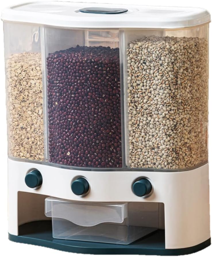 Wall-Mounted Dry Food Dispenser, 3 Grid Cereal Dispenser Plastic Clear Wall Mounted Rice Grains Dry Food Divided Container Storage Organizer for Home Kitchen-Blue