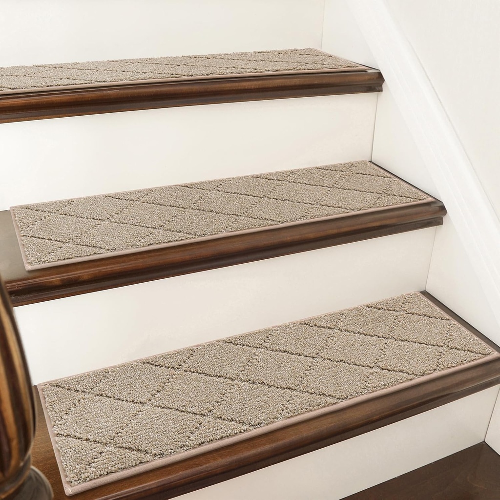 COSY HOMEER Edging Stair Treads Non-Slip Carpet Mat 28inX9in Indoor Stair Runners for Wooden Steps, Edging Stair Rugs for Kids and Dogs, 100% Polyester TPE Backing(4pc, Beige)