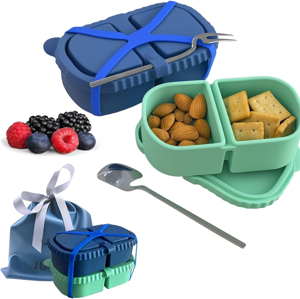 2 Pack Reusable Silicone Snack Containers with Lid, Strap, Spoon & Fork-2 Compartments Portable Mini Containers，Silicone Snack Storage Box for Picnic, Office, School(blue+green)