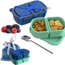 2 Pack Reusable Silicone Snack Containers with Lid, Strap, Spoon & Fork-2 Compartments Portable Mini Containers，Silicone Snack Storage Box for Picnic, Office, School(blue+green)