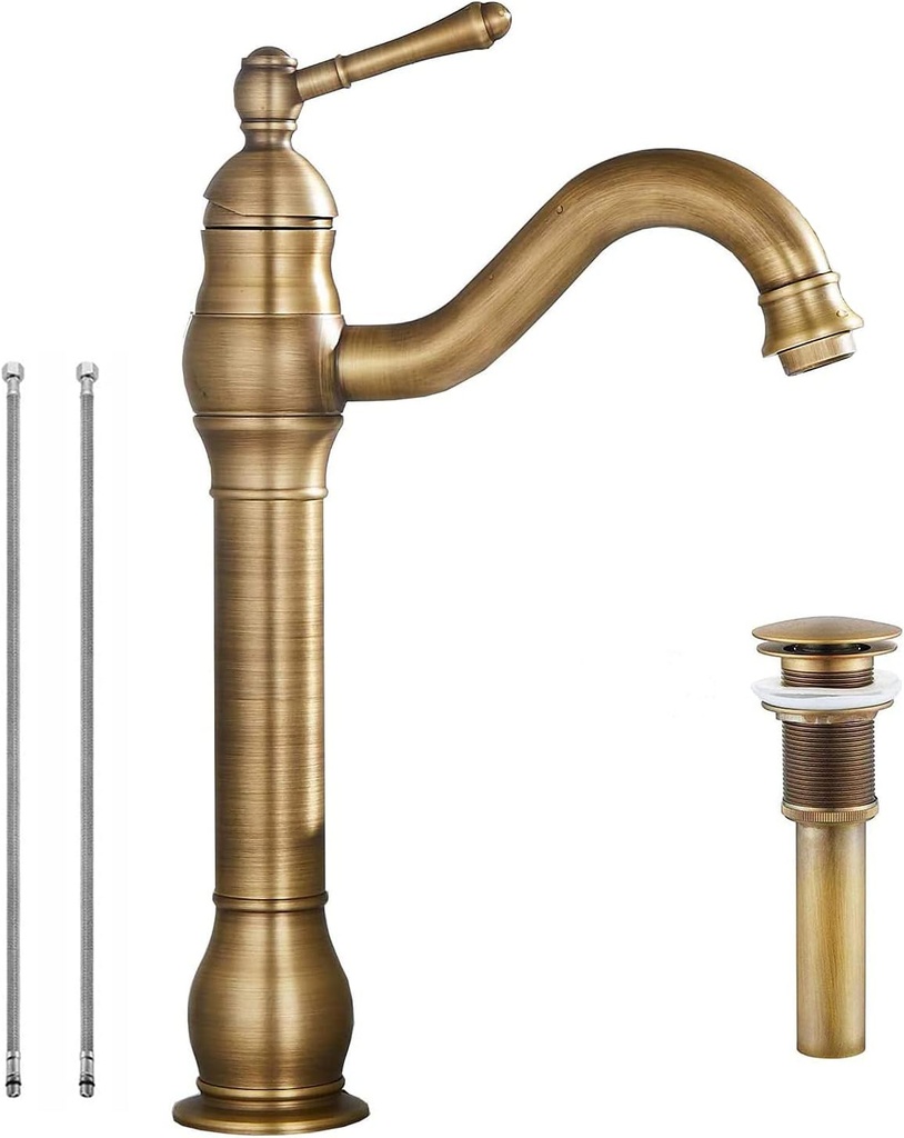 Bathroom Vessel Faucet Antique Brass 360° Swivel Bowl Sink Faucet Single Hole 1 Handle Matching Pop Up Drain Stopper Without Overflow Tall Lavatory Vanity Basin Mixer Tap Deck Mount