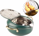 Alvinlite Deep Fryer Pot, Small Tempura Deep Fryer, Stainless Steel Japanese Frying Pot with Thermometer, Green Deep Fat Fryers for French Fries Shrimp 2.2 Liter Oil Capacity(S)