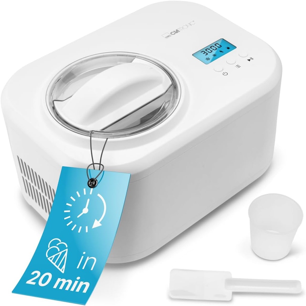 Clatronic® ICM 3799 Ice Cream Maker and Yogurt Maker, Ice Cream in 20 Minutes, for up to 1000 ml, Ice Cream Maker with Compressor, for Ice Cream & Frozen Yogurt, incl. Recipe Suggestions, Spatula and