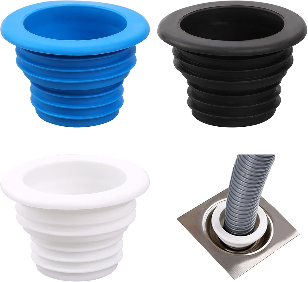 3Pcs Drain Pipe Hose Silicone Plug Sewer Seal Ring for Washing Universal Fit Drain Hose Machine Laundry Room Bathroom Bathtub Kitchen Cleaning Tools(Black White Blue)