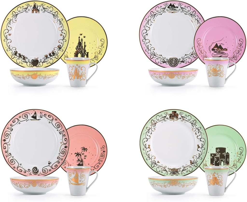 Disney Princess 16-Piece Ceramic Dinnerware Set | Merida, Pocahontas, Moana, Snow White | Home Kitchen Essentials For Dining Room | Includes Dinner Plates, Soup Bowls, Mugs | Place Setting For 4