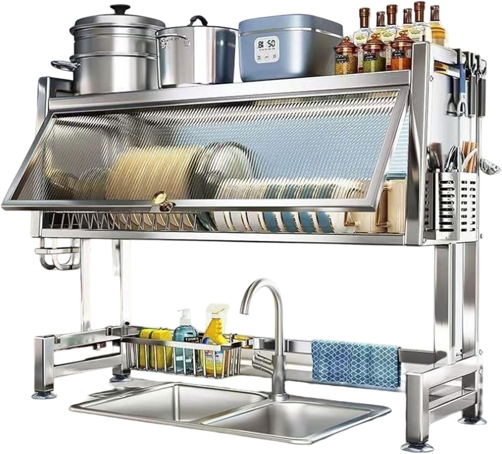Space-Saving Dish Drainer Organizer with Flap Cutboard Stand, Utensils Cutlery Drainer, Over-Sink Dish Drying Rack Large Stainless Steel Dish Rack for Kitchen Cabinet