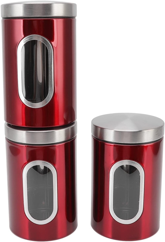 3PcsCanisters Set for Kitchen with Glass Window and Airtight Lid, Stainless Steel Kitchen Canister for Farmhouse Decor Countertop Pantry Organizer (Red)