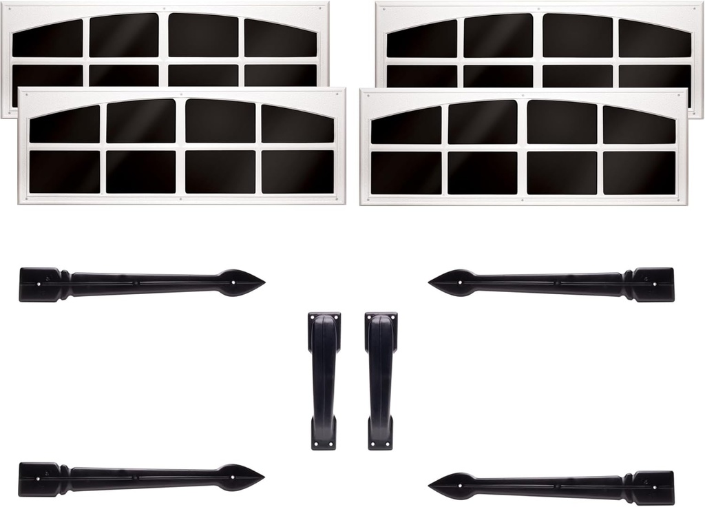 Coach House Garage Door Bundle | Signature Window Kit & Traditional Hardware Kit | 4 White Faux Windows, Black Handles & Hinges | Made in USA