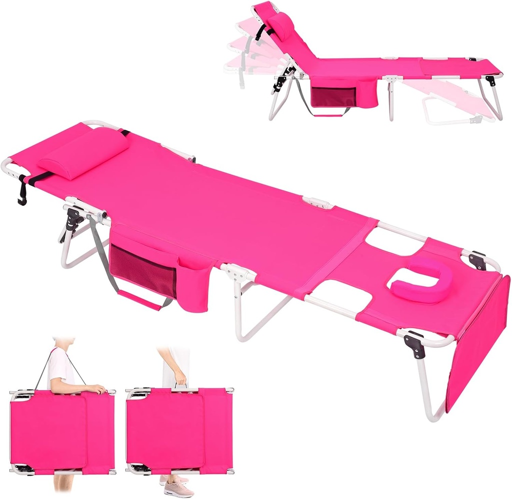 Tanning Chair with Face Hole, Heavy Duty Outside Lay Flat Portable Folding Chaise Lounge Chair, with Arm Hole for Reading Beach Poolside Patio Sunbathing Lawn, 300 LBS, Pink