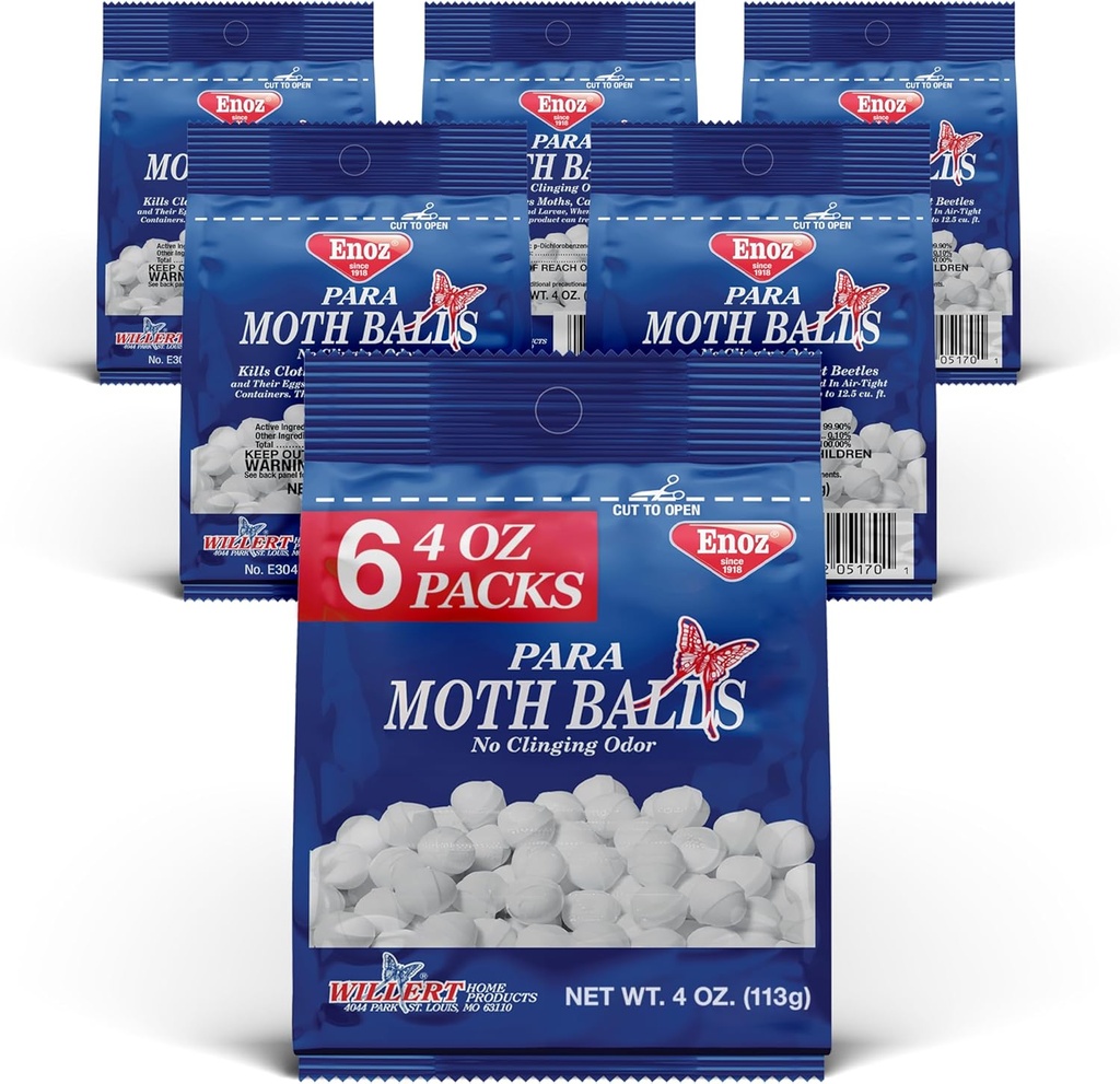 Enoz para Moth Balls for Closets and More - Kills Clothes Moths and Carpet Beetles - Moth Balls for Indoor Use - No Clinging Odor - 4 Oz, 6 Pack
