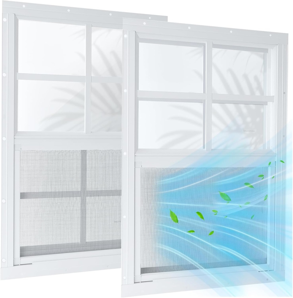 2 Pack 14"x21" Sliding Shed Windows, Chicken Coop Windows - White Flush Mount w/Removable Screen & Tempered Glass, Small Windows Suitable for Coops, Garages, Playhouses, Trailers