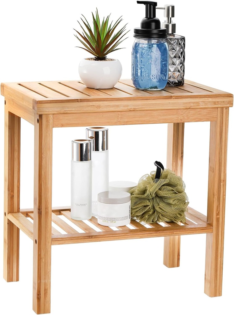 SOUJOY Bamboo Shower Bench, Bath Seat Stool, Spa Foot Rest Shaving Stool, Storage Shelf for Shampoo Towel, Works in Inside Bathroom, Living Room, Bedroom, Garden Leisure