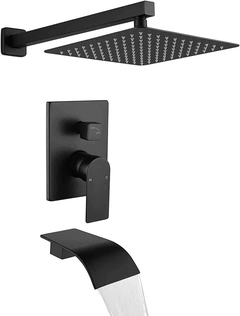 Matte Black Tub Shower Valve Trim Kit Shower Faucet Set with Tub Spout Shower Tub kit with Rough in Valve Tub Shower System Bathtub Faucet Set Wall Mounted Shower Fixtures