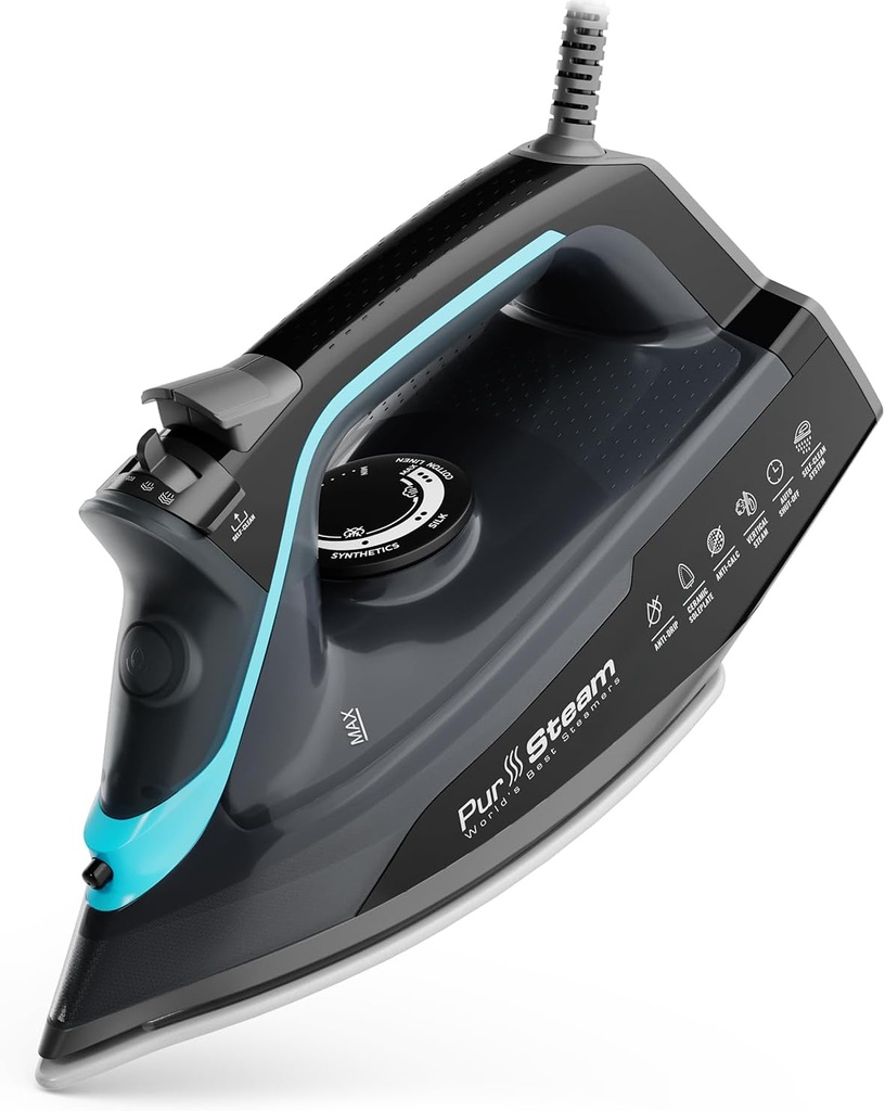 Pursteam SteamBurst+ 1750W Steam Iron, Ceramic Soleplate, Adjustable Steam, Burst of Steam, Self-Clean, Anti-Calc, Anti-Drip, Powerful & Long-Lasting Steam for All Fabrics