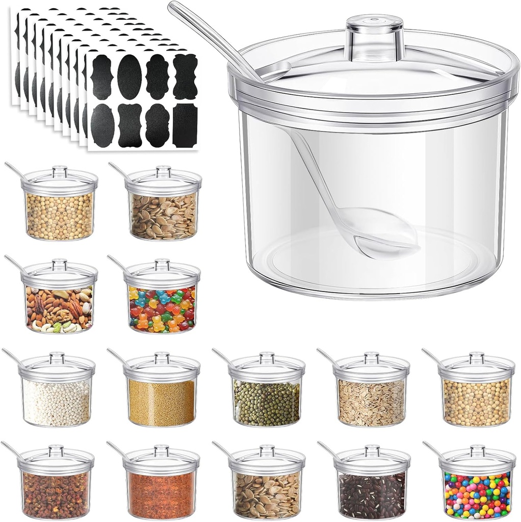 14 Pieces Acrylic Sugar Containers with Lids and Spoons for Countertop, Clear Sugar Holder Dispenser Salt Bowl with 10 Labels for Serving Condiment Candy Coffee Tea Spices Herbs (7.1 oz)