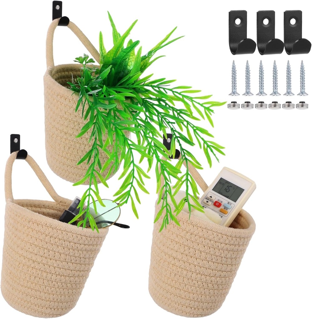 3 Pcs Fabric Hanging Baskets, Cotton Rope Storage Baskets with Hooks & Screws, Space-Saving Wall-mounted Bags, Rustic Decorative Baksets, Wall Hanging Organizers for Home & Office