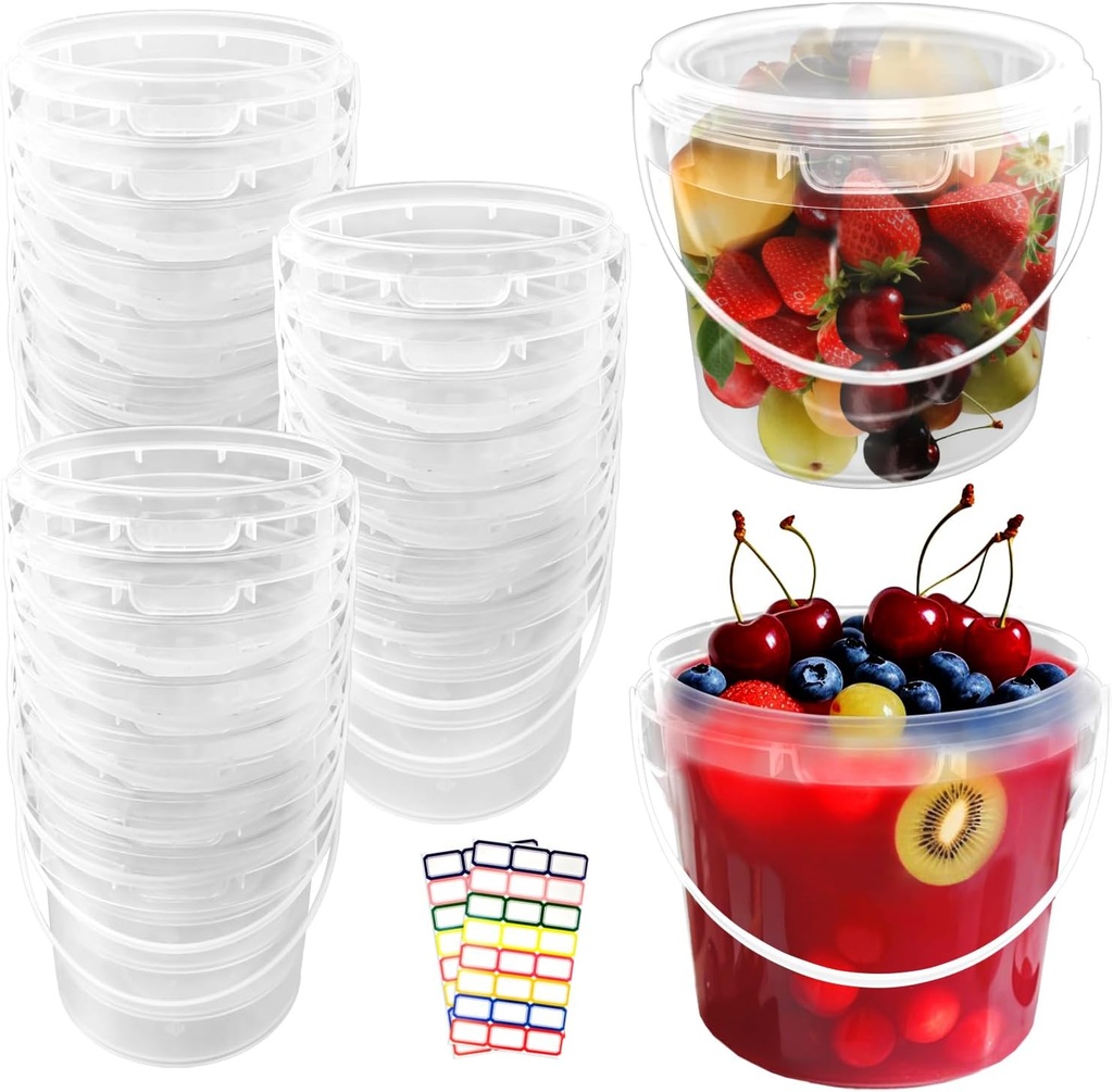 24 Pcs 48 oz Clear Buckets with Lids, Plastic Ice Cream Containers with Colorful Stickers and Handle, Round Food Storage Pails for Freezer and Microwave