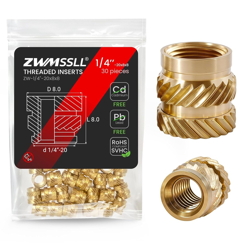 1/4"-20 Heat Set Threaded Inserts,30 Pieces 1/4"-20x8x8 Heat Set Insert for 3D Printing Components and Plastic Parts,Brass Knurled Nuts