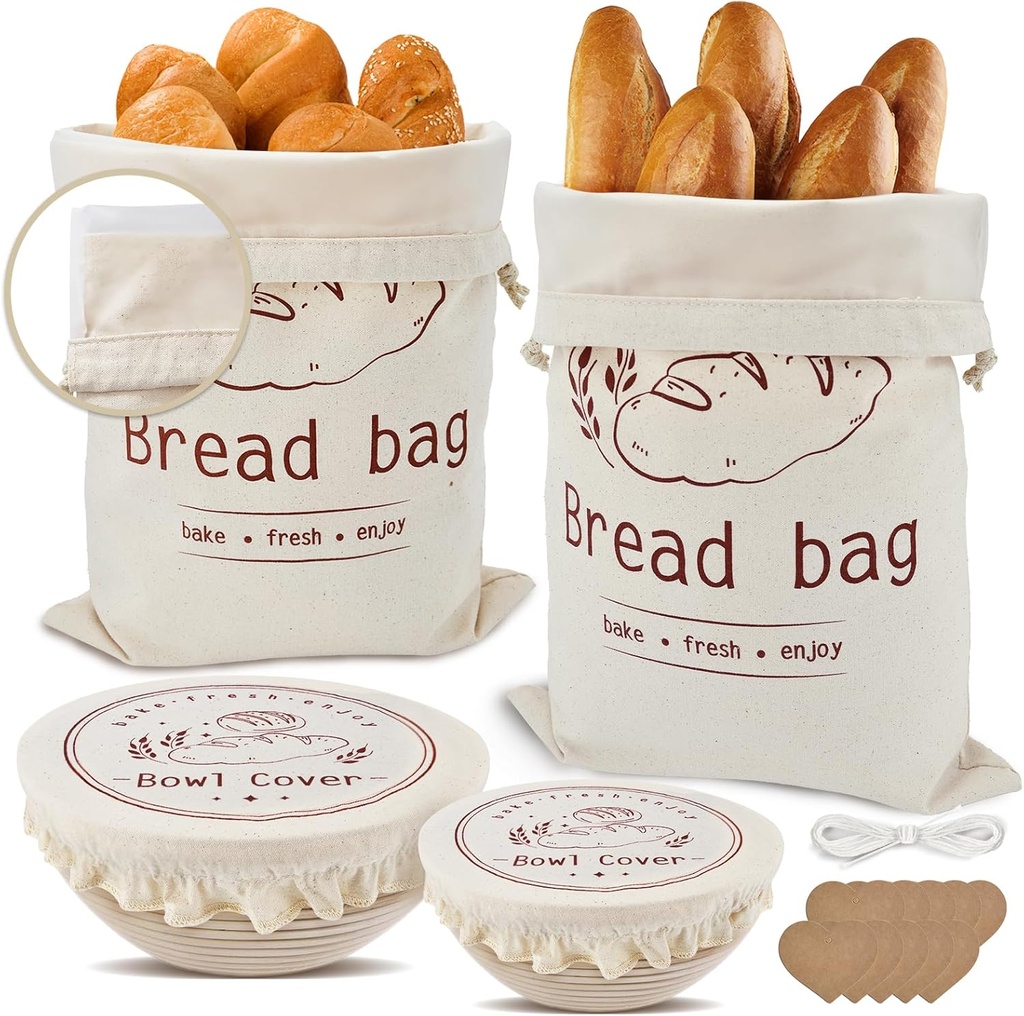 2 Cotton Bread Bags for Homemade Bread Sourdough & Sourdough Bags with TPU Lining, 2 Proofing Bowl Covers – Large Size, Easy to Clean & Reusable, Thickened,Well-Made, Stylish, Keeps Bakes Fresh Longer