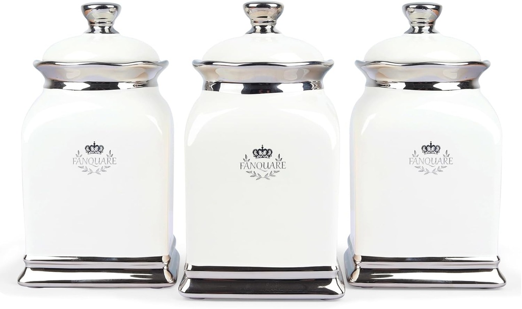 fanquare 30 OZ Cookie Jar, White Kitchen Canisters Set of 3, Farmhouse Porcelain Decorative Jars for Countertop, Ceramic Storage Jar for Coffee, Sugar, Tea Bag