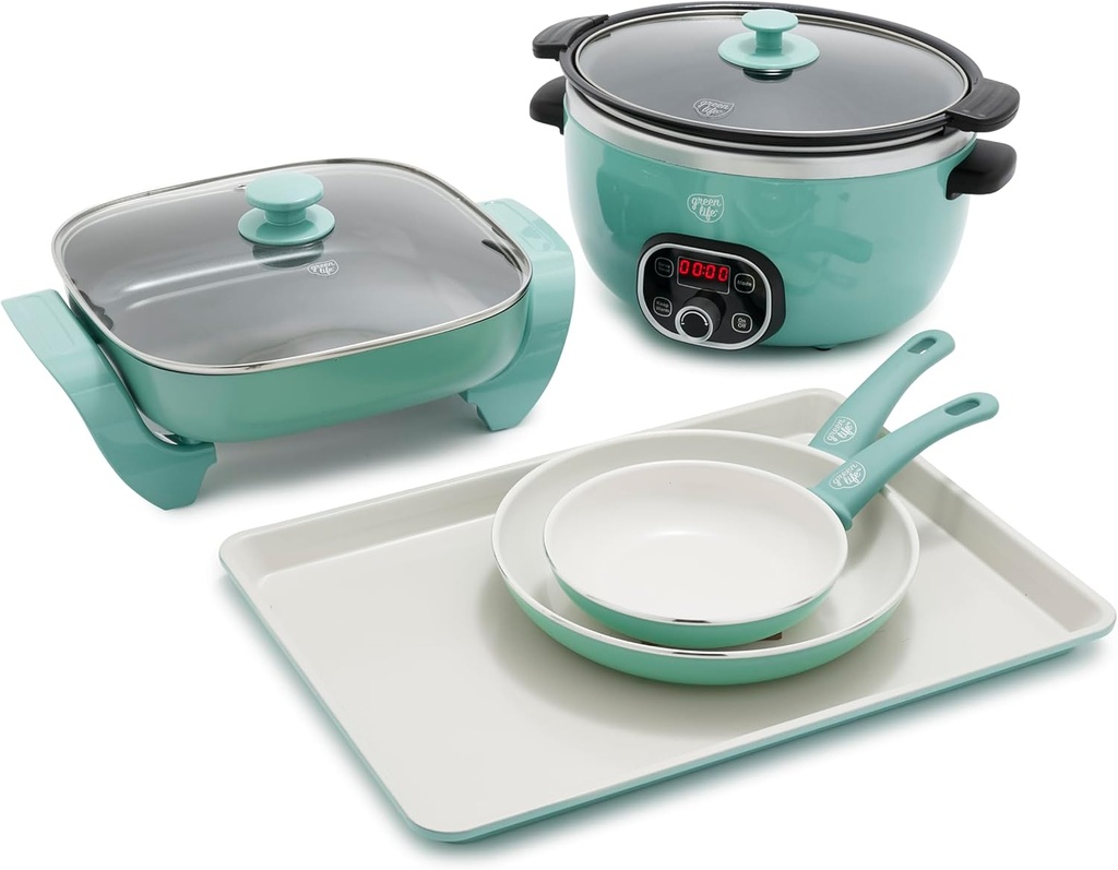 GreenLife 6QT Electric Slow Cooker, 12" Electric Skillet, Cookie Sheet, 7" and 10" Frying Pan Skillet Set, Healthy Ceramic Nonstick, PFAS & PFOA-Free, Dishwasher Safe, Versatile Cooking Set, Turquoise