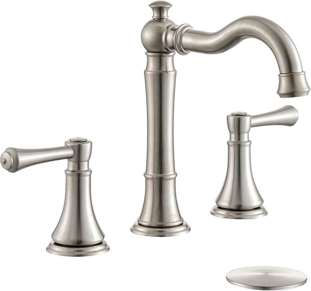 2-Handle Brushed Nickel Bathroom Faucet 8 inch Widespread for 3 Holes with Plastic Pop-Up Drain, Classic Bathroom/Lavatory/Vanity Sink Faucets, High Arc 360° Swivel Brass Spout