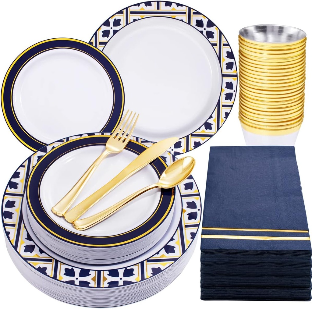 Nervure 175PCS Blue Plastic Plates - White Blue Gold Disposable Plates Include 25Dinner Plate, 25Dessert Plate, 25Cups, 25Forks, 25Knives, 25Spoons, 25Napkins for Wedding & Party