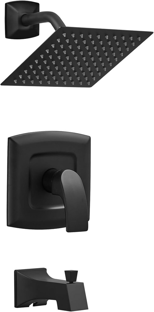 Tub Shower Faucet, Matte Black Shower Faucet Set with 8-Inch Square Rain Shower Head and Tub Spout, Brass Shower System Bathtub Shower Faucet Set Complete, Tub shower faucet set with valve