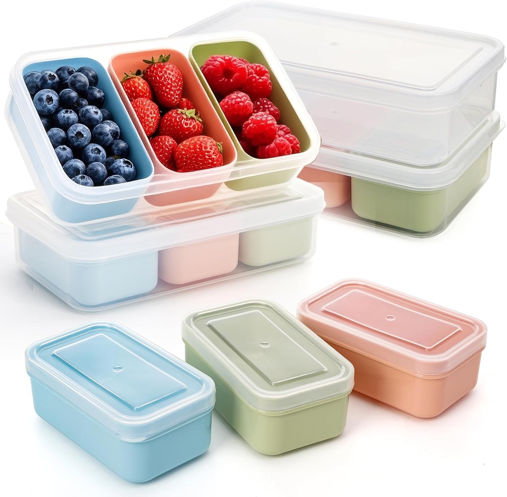 4 Set Snack Containers with 3 Compartments, Small Reusable Bento Box Lunch Container with Leak-proof Lids, Mini Removable Divided Meal Prep Box for Work Travel in Compact Size, Microwave Safe