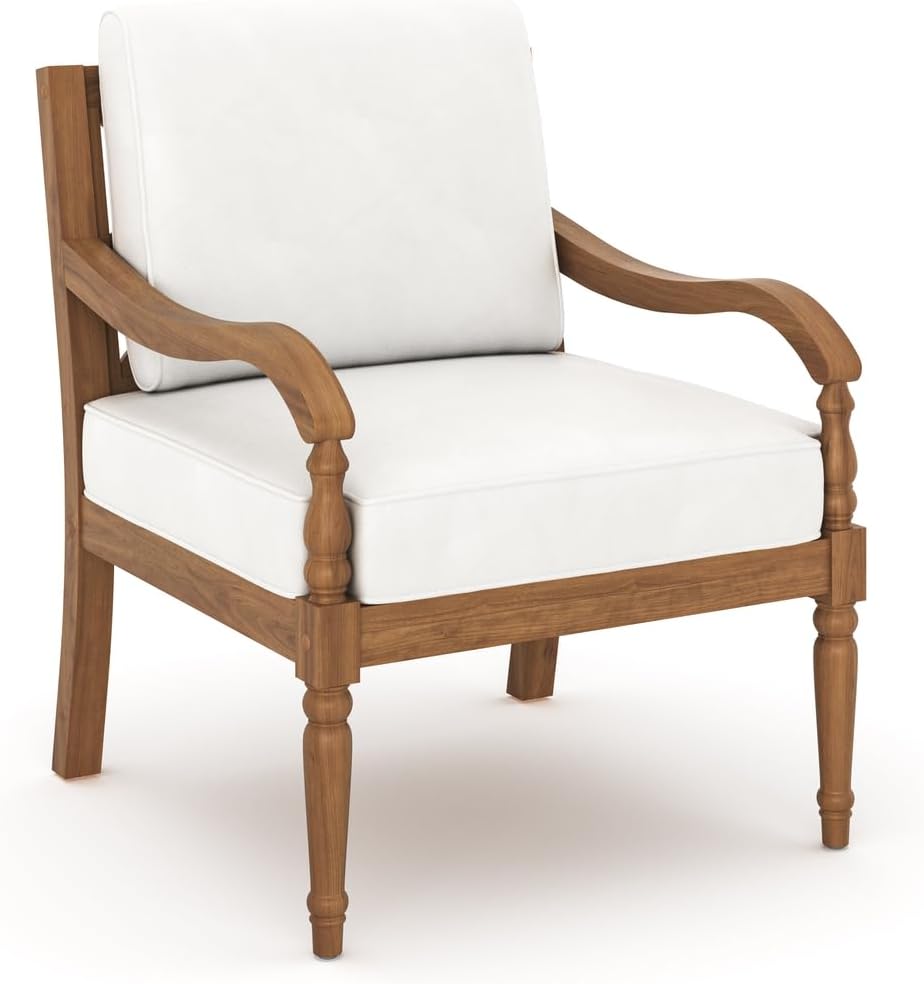 New Classic Furniture Savannah Wood Club Chairs in Natural/White Linen (Set of 2) – Comfortable Outdoor Chairs with Cushions – Wood Patio Chairs for Deck, Porch, or Backyard Seating