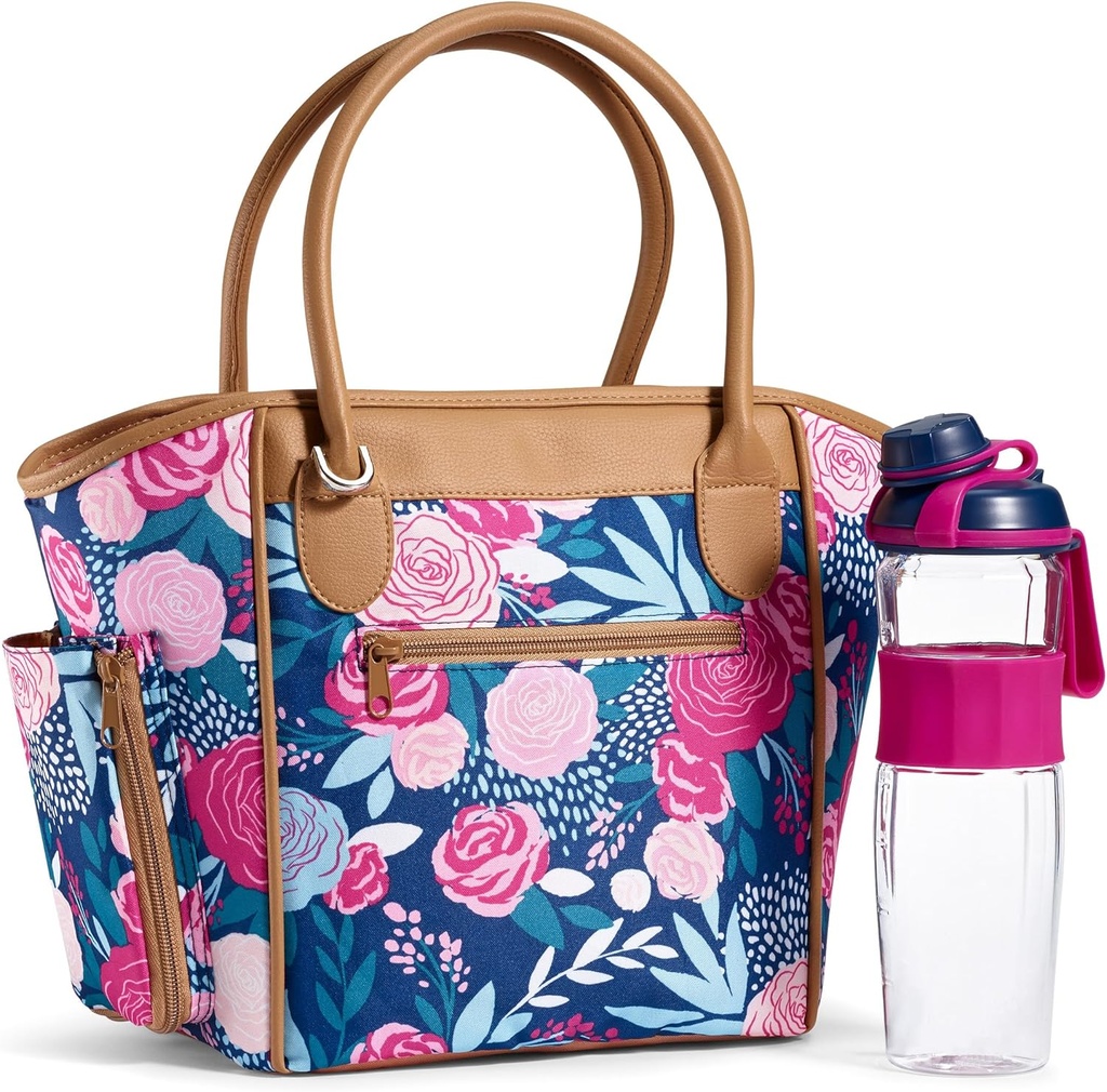 Fit & Fresh Beechwood Large Lunch Bag For Women With Side Pouches & Carry Handles, Complete Lunch Kit Includes Matching Shaker Bottle, Navy Lorella Posey