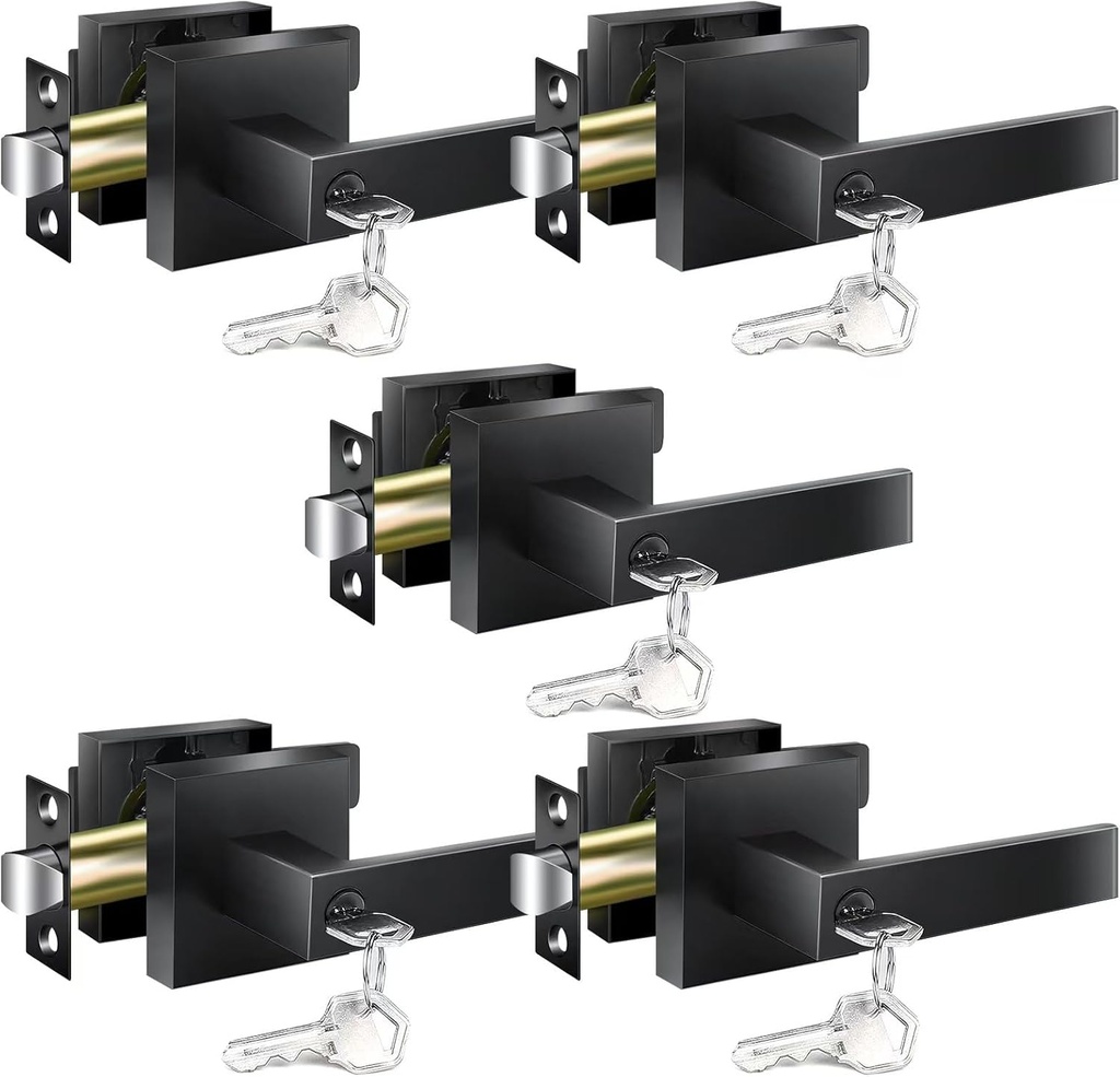 Door Handles Interior, Door Knobs Interior, Black Door Handle with Reversible Lever, Keyed Alike Door Lock Sets for Bedroom, 5 Packs Heavy Duty Door Lock Sets, Matte Black