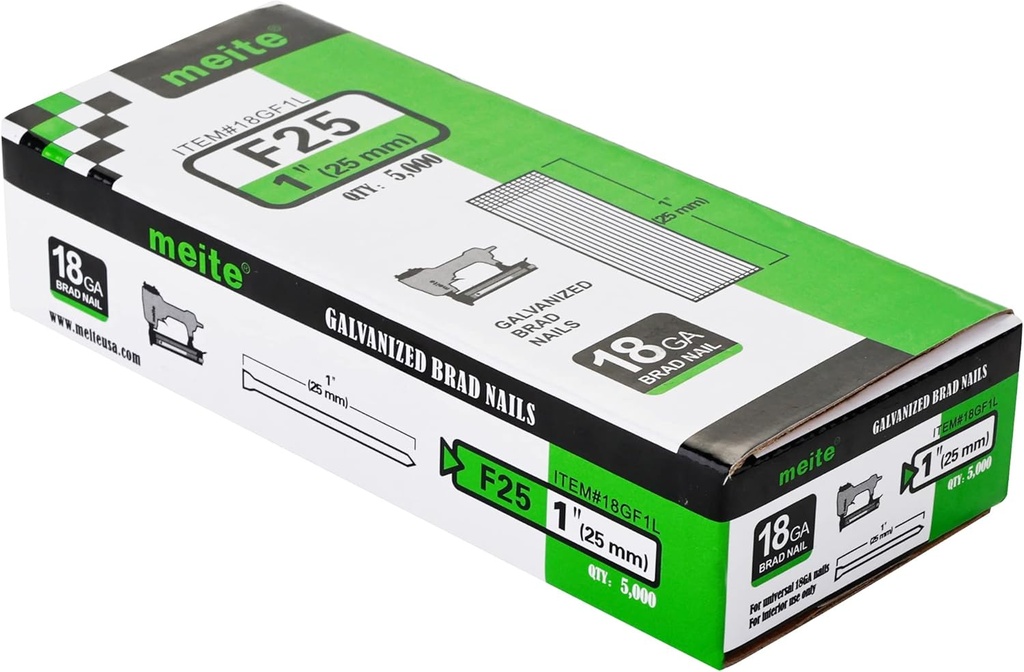 meite 18 Gauge Brad Nails 1-Inch Length F25, Galvanized Finish Ideal for Upholstery, Trims, Woodworking 5,000 PCS/Box (1 Box)