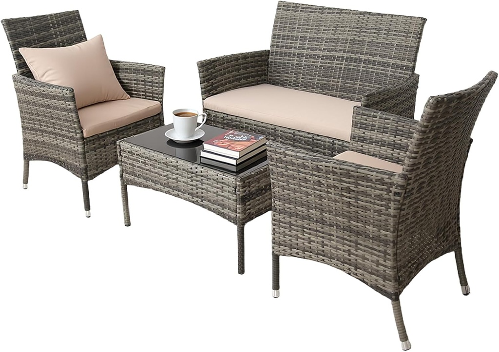 4-Piece Outdoor Patio Furniture Set – Gray Wicker Conversation Set with Loveseat, 2 Chairs & Glass Coffee Table, All-Weather Rattan Seating for Balcony, Porch, Garden, or Backyard
