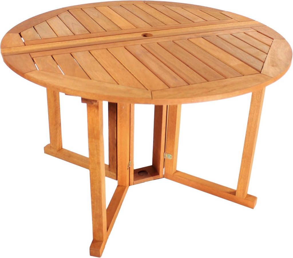 Sunnydaze Malaysian Hardwood Folding Gateleg Patio Dining Table with Teak Oil Finish - 4-Person Space-Saving Round Outdoor Table - 47.25” D x 29" H