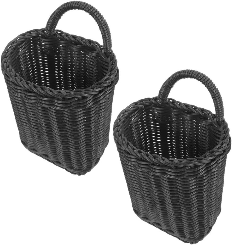 2pcs Woven Rattan Hanging Baskets Wall Storage Organizer Rustic Kitchen Bathroom Decor Flower Fruit Vegetable Basket Holder